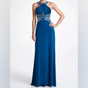 Sz 4 Y2K Vintage Betsy & Adam Dark Teal Backless Stretch Jersey Gown Silver